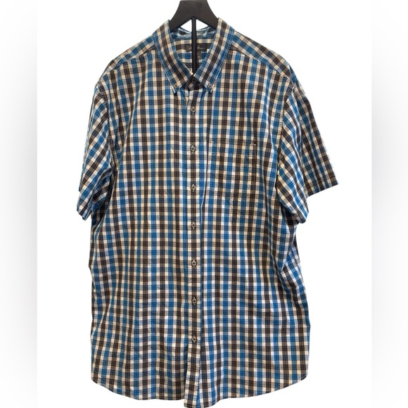 Eddie Bauer Black Turquoise and White Plaid Short Sleeve Button Front Size T2XL - Picture 7 of 9